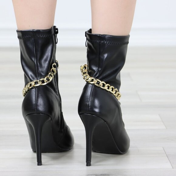 Black Open Toe High Heel Boots Trendy Gold Ankle Chain Heeled Stiletto's - Picture 4 of 13